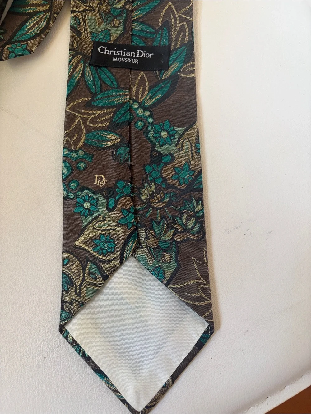 Dior Teal and Brown Silk Floral Tie with Gold Accents